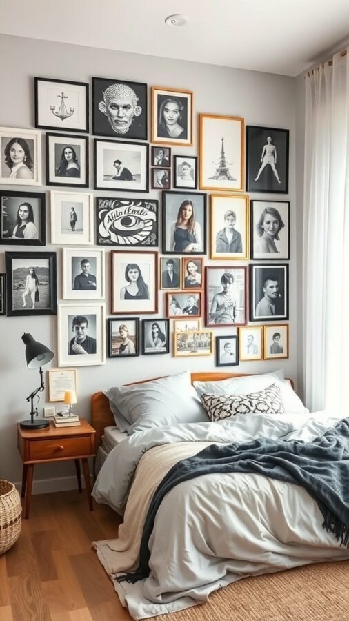 A stylish bedroom featuring a gallery wall with various framed photos and artwork.