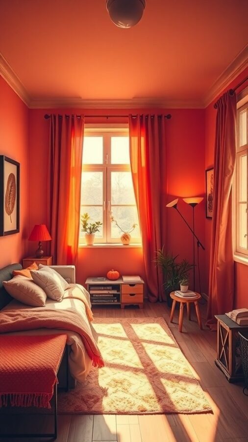 A cozy bedroom with warm orange walls, soft bedding, and natural light.