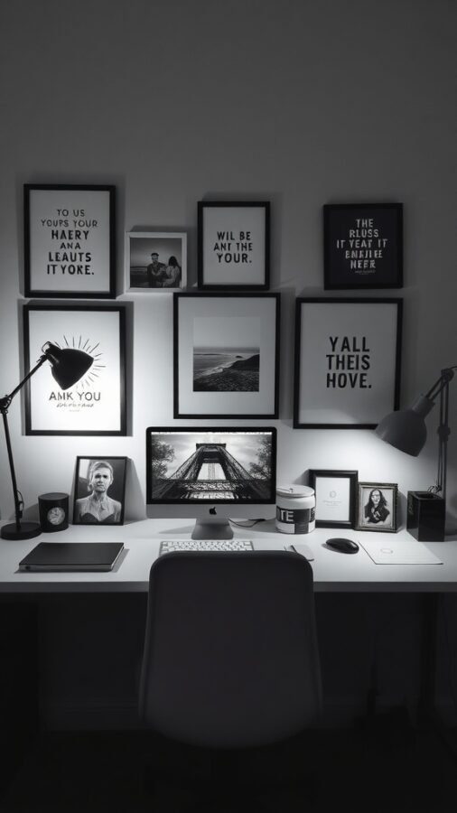 A cozy desk setup with personalized decor, including framed photos and motivational quotes.