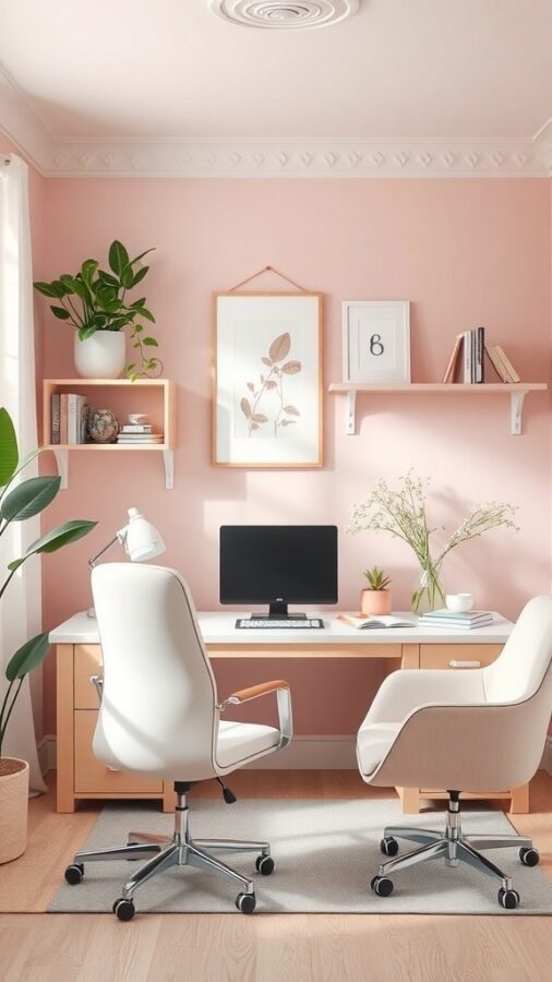 12 Stylish Home Office Ideas for Women 8 A pastel-colored home office with pink walls, a light wooden desk, white chairs, and plants.