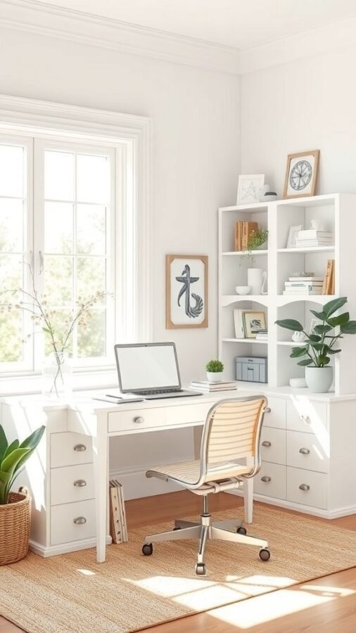 17 Inspiring Home Office Ideas for Men 15 A bright and airy home office with a white desk, a laptop, and coastal-themed decor.