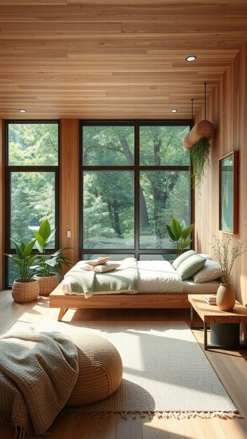 A serene bedroom with large windows, wooden elements, plants, and soft textures.