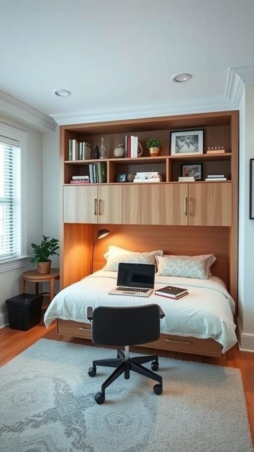 A home office featuring a Murphy bed, a desk with a laptop, and shelves with books and plants.