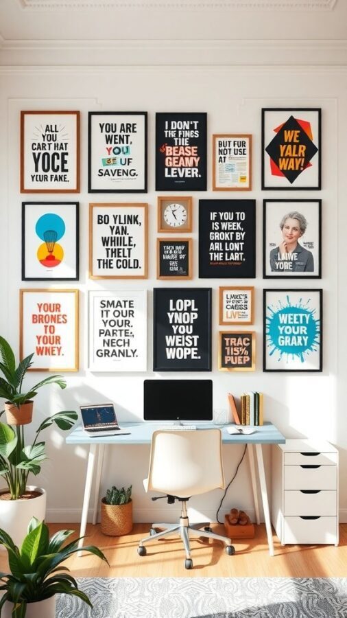 A colorful wall art display featuring various framed prints with playful phrases and designs in a home office setting.