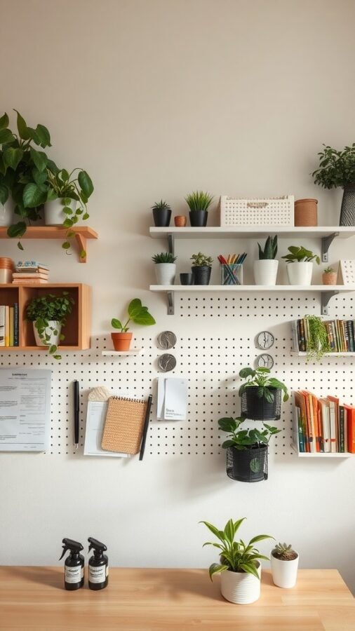A well-organized home office wall with shelves, plants, and a pegboard for vertical organization.