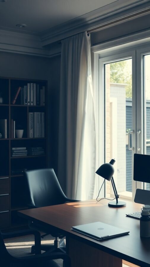 A well-organized home office with a desk, chair, and a lamp, featuring natural light from a window.