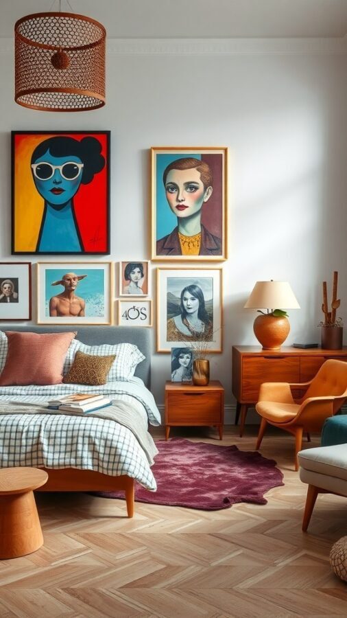 A stylish bedroom featuring a mix of colorful artwork on the walls, a cozy bed with patterned bedding, and modern furniture.