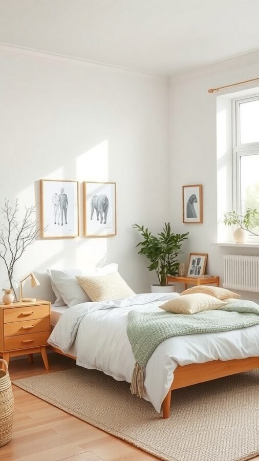 A bright Scandinavian style bedroom featuring wooden furniture, white linens, and green accents.