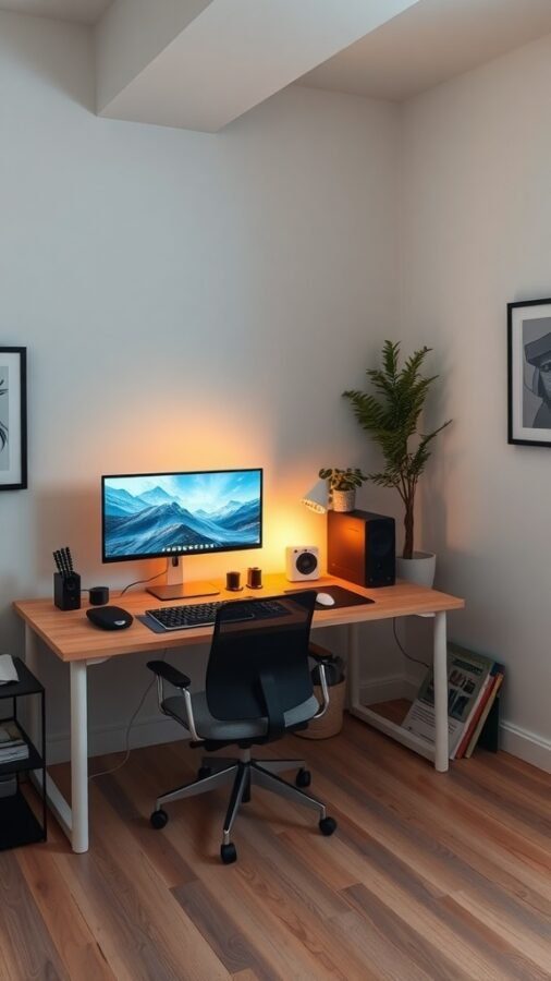 A home office setup featuring a double monitor, a comfortable chair, and a stylish desk with a warm lamp and a plant.