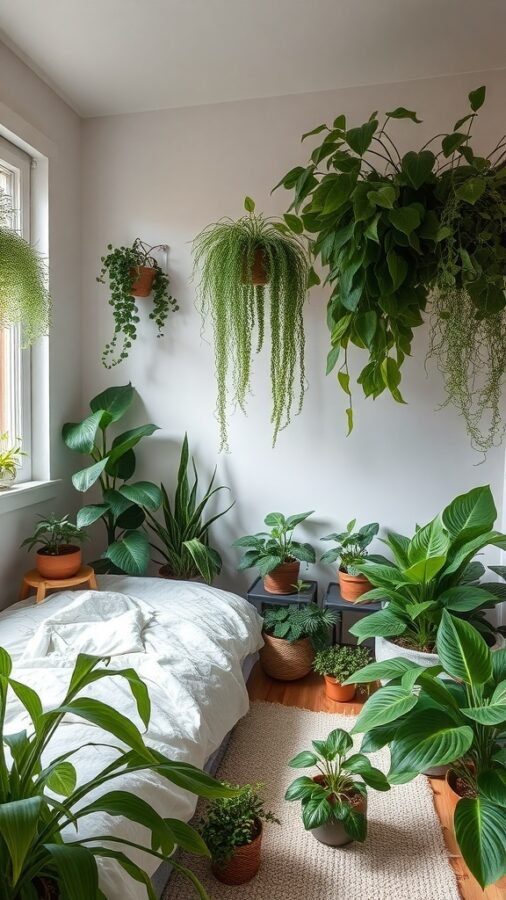A cozy bedroom filled with various indoor plants, showcasing a mix of hanging and potted greens.