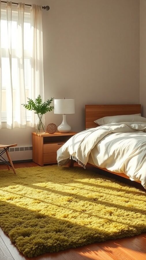 A cozy bedroom featuring a textured green rug, wooden furniture, and natural light.
