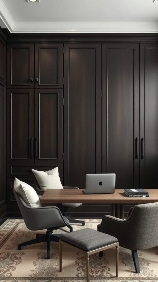 A sophisticated office space featuring dark cabinetry, a wooden table, and comfortable chairs.