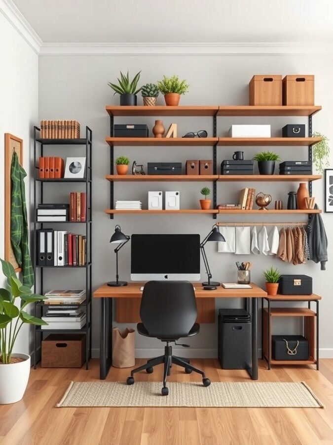 A modern home office featuring wall-mounted shelves, a desk, and a chair, with plants and decorative items.
