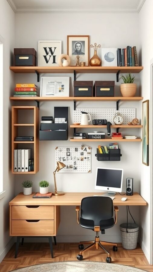 A small home office with shelves, a desk, and a computer, showcasing effective use of vertical space.