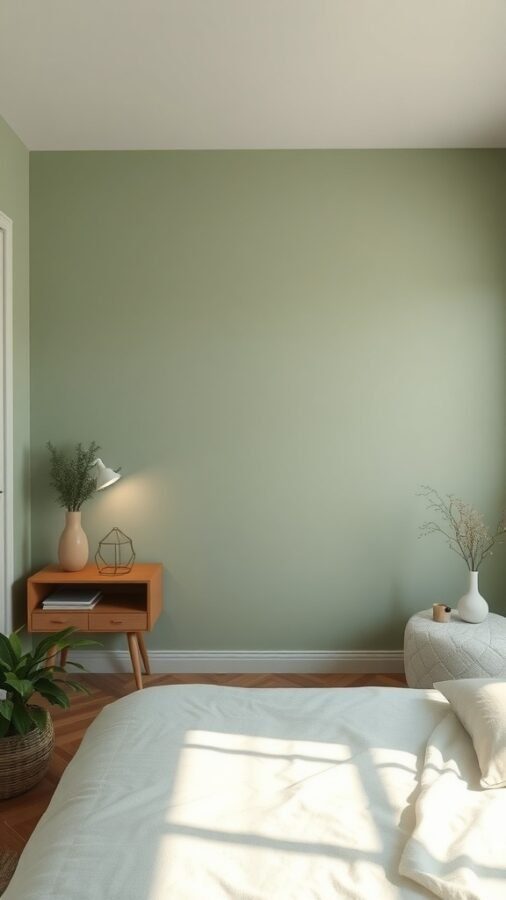 A serene bedroom with sage green walls, a cozy bed, a stylish nightstand, and a plant.