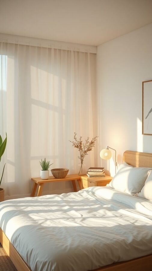 A serene bedroom with natural light, soft bedding, and minimal decor