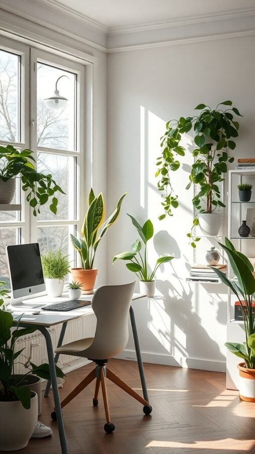 Bright office space with natural light and various indoor plants.