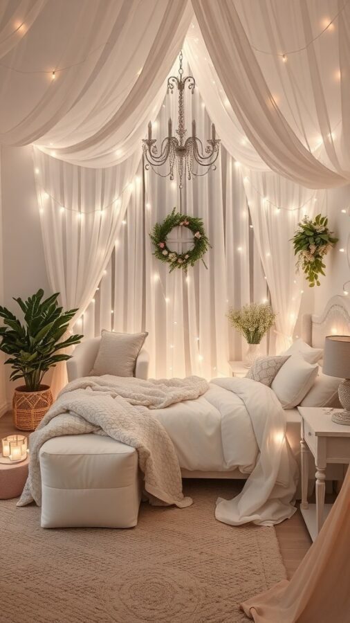 14 Stunning White Bedroom Ideas for a Dreamy Retreat 5 A cozy white bedroom with flowing drapes, fairy lights, a chandelier, and plants, creating a whimsical atmosphere.