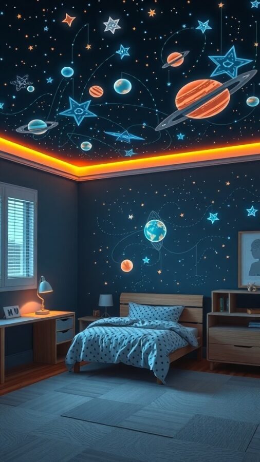 A boys bedroom decorated with glow-in-the-dark stars and planets on the walls and ceiling, featuring a cozy bed and a desk.