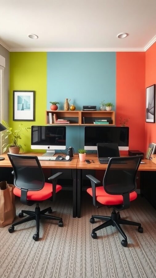 A colorful home office with two desks, each with a computer, surrounded by green, blue, and orange walls.