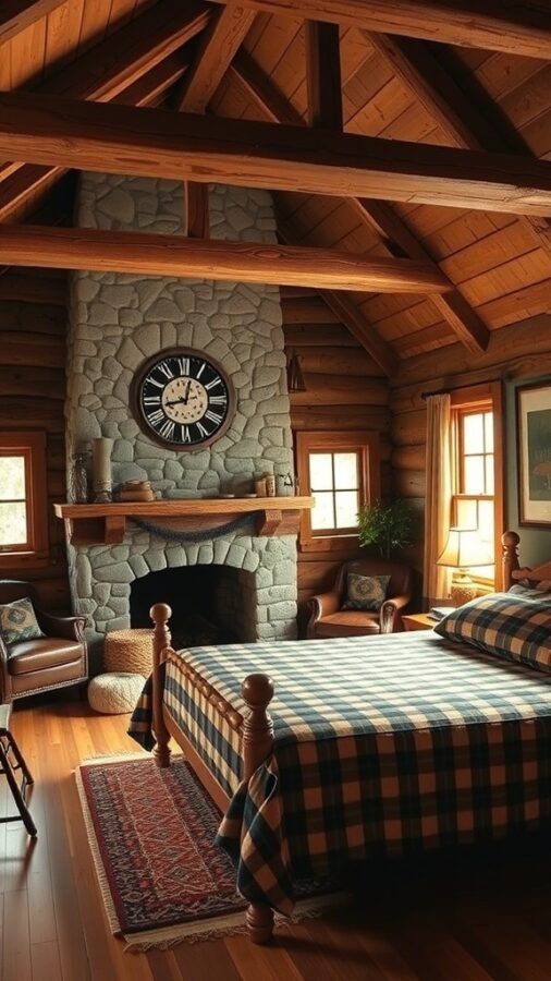A cozy rustic bedroom featuring wooden beams, a stone fireplace, plaid bedding, and comfortable seating.