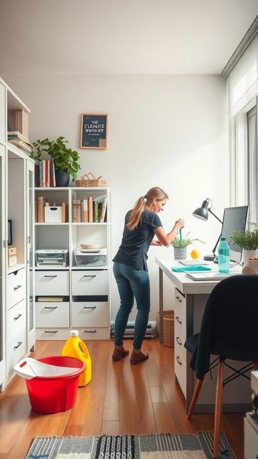 A person cleaning their home office, organizing items on a desk with cleaning supplies nearby.