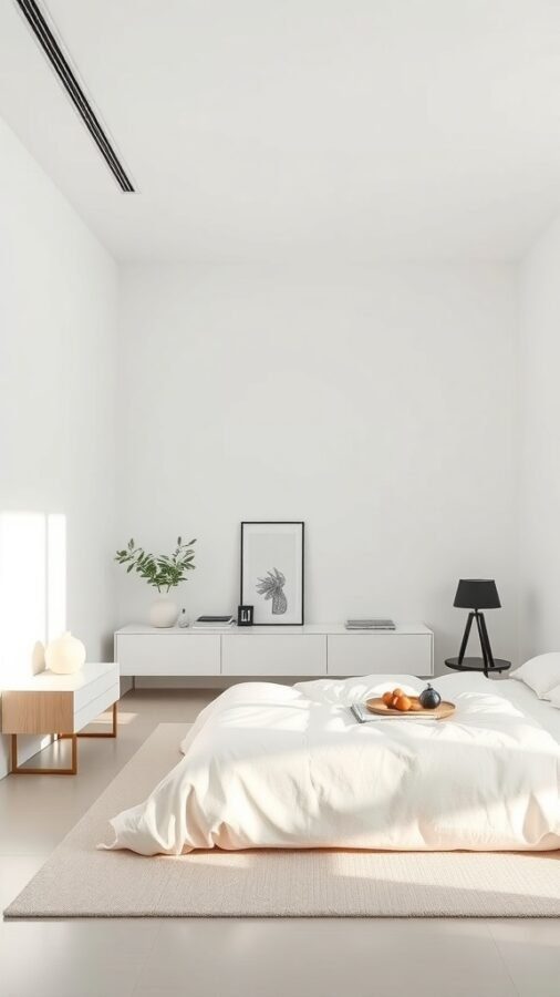 A modern minimalist bedroom featuring a white color palette, simple furniture, and minimal decor.