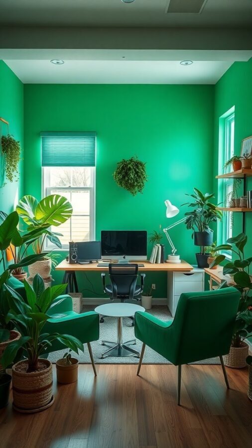 A vibrant green home office with plants, a desk, and modern furniture