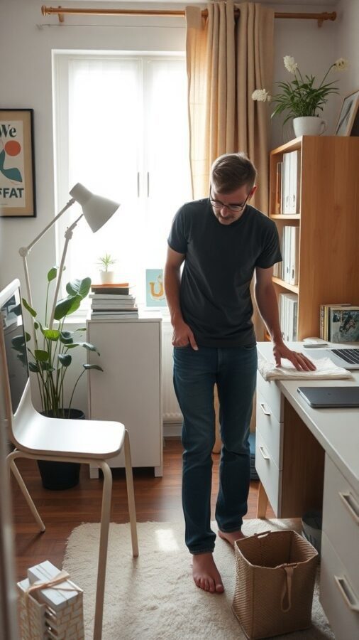 A person organizing their home office, surrounded by plants and books, creating a clean workspace.