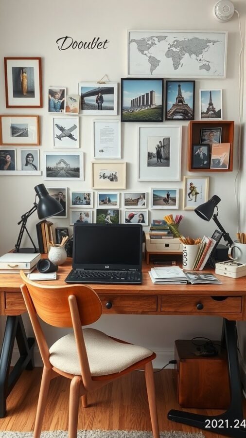 A cozy double desk home office setup with a wooden desk, laptop, and framed photos on the wall.
