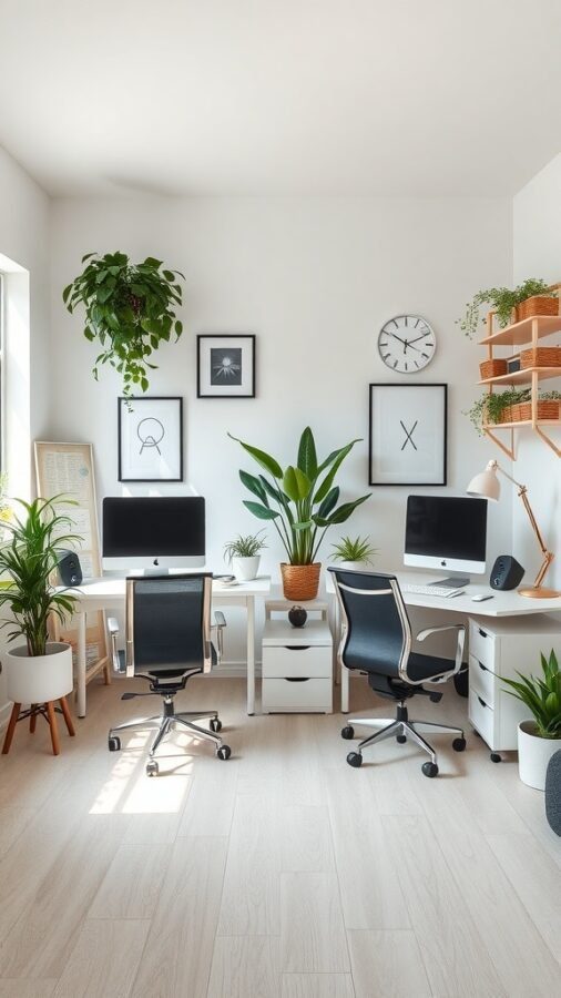 A bright home office with two desks, plants, and wall art.