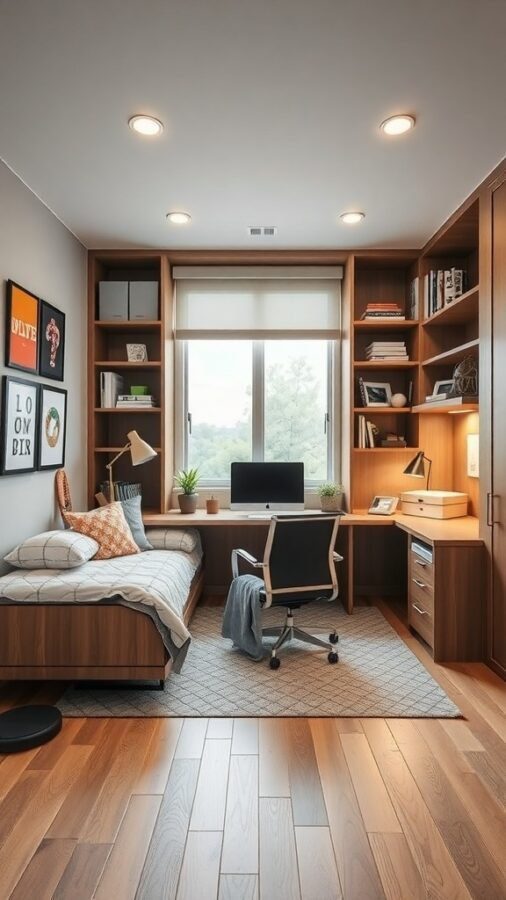 A stylish office guest bedroom featuring a murphy bed, desk, and warm wooden accents.
