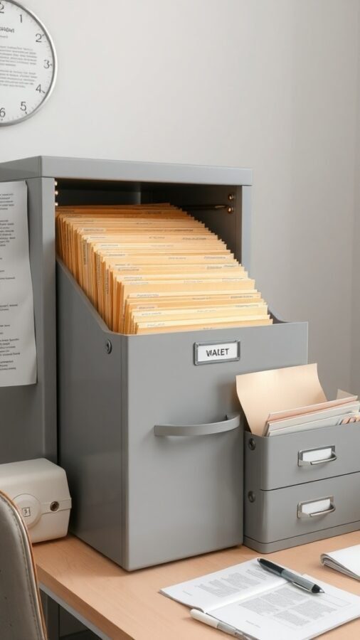 A modern home office with a gray filing cabinet filled with organized folders and a small drawer for additional storage.
