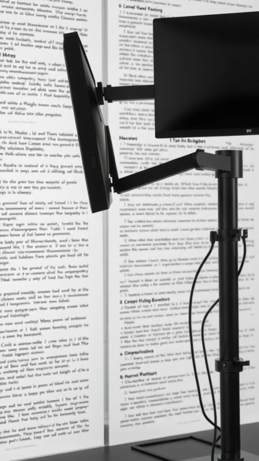 Image of adjustable monitor stands holding two monitors in a home office