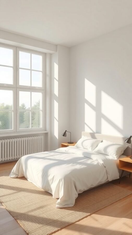 A bright, minimalist bedroom with a bed, bedside tables, and large windows.