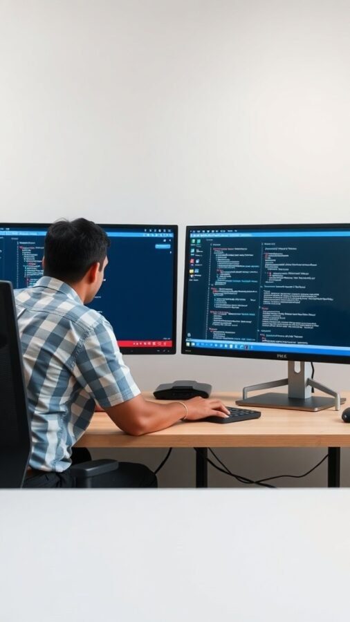 A person working at a double monitor setup in a home office, focusing on coding and communication tools.