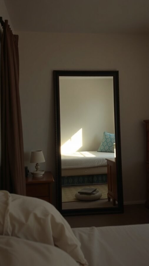 A tall mirror reflecting a small bedroom with a bed and a nightstand.