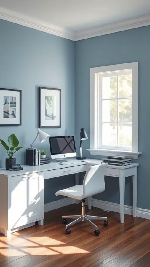 A home office with calming blue walls, a white desk, and a chair, featuring natural light and a plant.