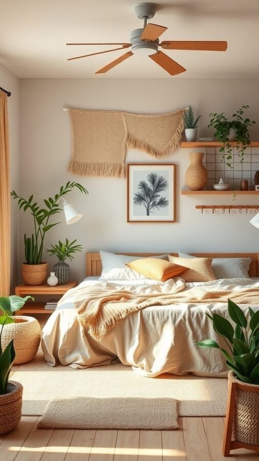 A cozy bedroom featuring plants, wooden furniture, and natural textures.