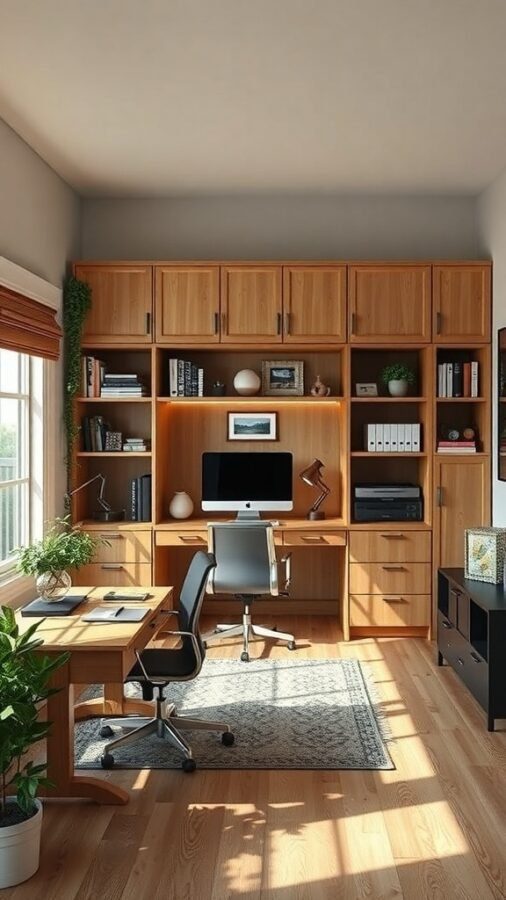 A well-organized home office with a desk, ergonomic chair, wooden shelving, and a plant.
