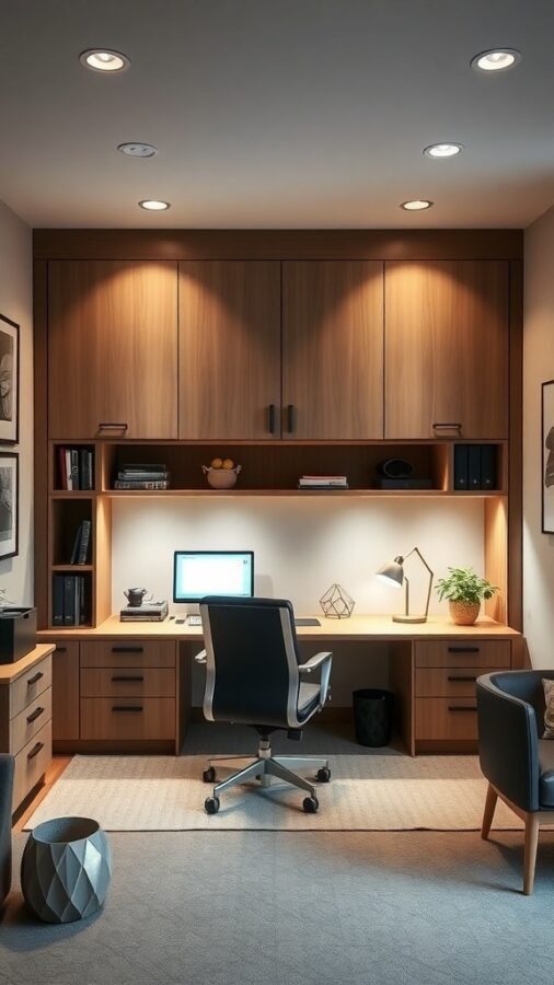 A modern home office with a desk, computer, and stylish lighting.