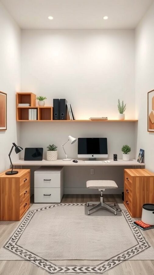 A small home office setup featuring a sleek desk, storage drawers, and open shelving.