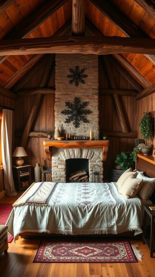 A cozy rustic bedroom featuring wooden beams, a stone fireplace, and soft bedding.
