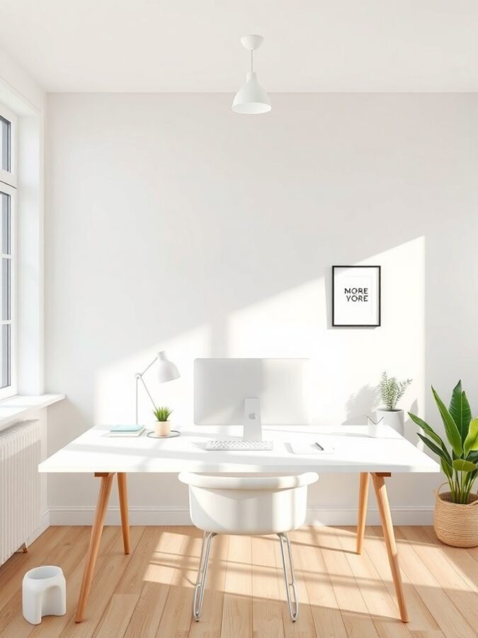 A bright and minimalist home office with a white desk, computer, and plants.