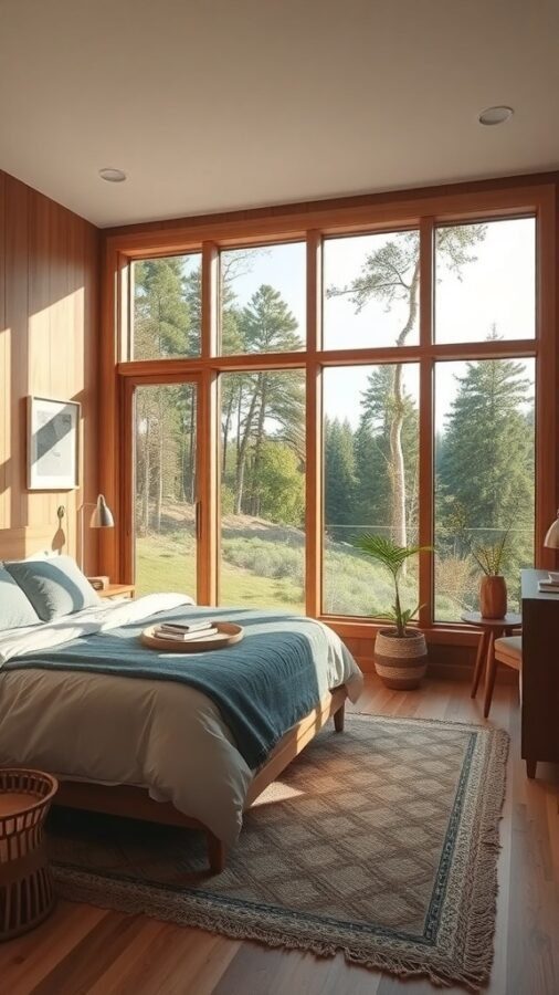 A serene guest bedroom with large windows showcasing a natural landscape, featuring wooden accents and cozy bedding.