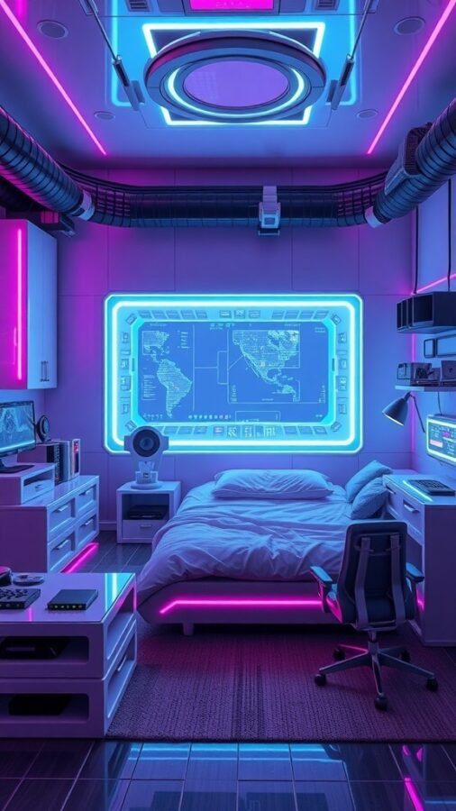 A futuristic bedroom with neon lights, a digital display, and modern furniture.