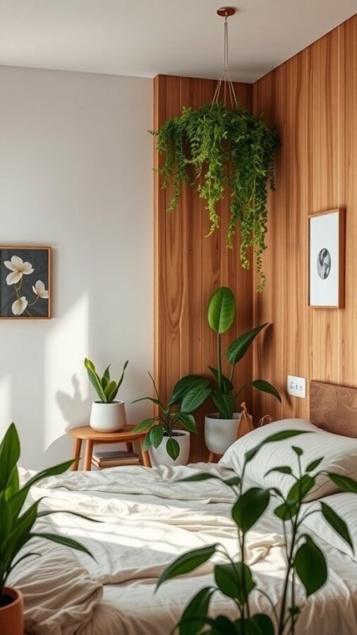 A cozy bedroom with wooden walls and various indoor plants, including a hanging fern.