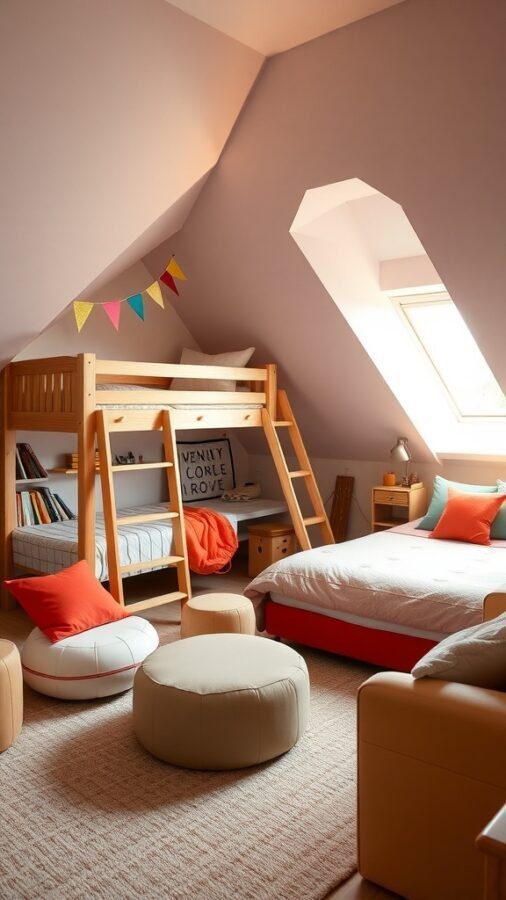 A cozy attic bedroom with a bunk bed, colorful cushions, and a playful design.