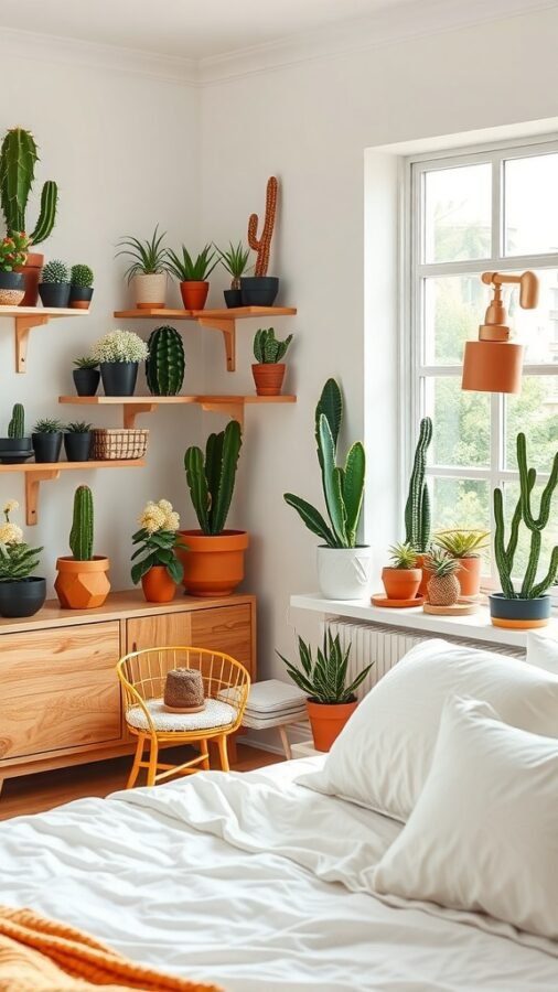 A cozy bedroom featuring a variety of cacti and succulents displayed on shelves and windowsills.