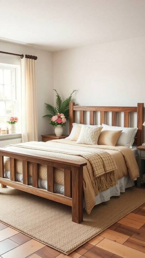 A cozy guest bedroom with a wooden bed frame, neutral bedding, and floral arrangements.